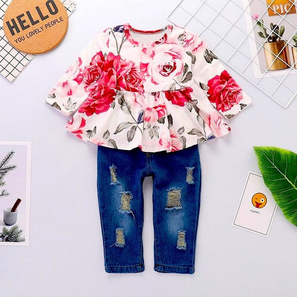 Floral Ruffle L/S Top Distressed Jeans Pink 2 PC